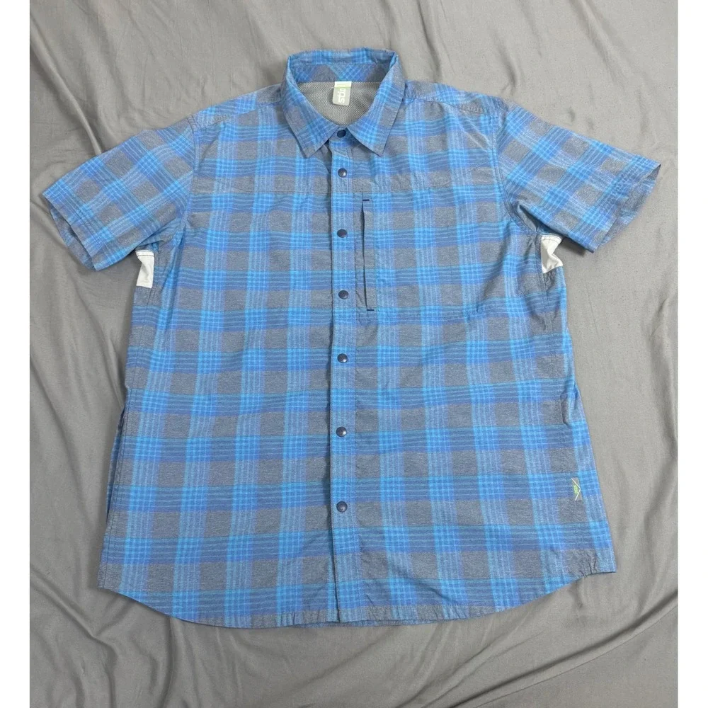 Stio Hagen Trail Shirt Mens‎ Medium Blue Plaid S/S Snap Button UPF 50 Vented